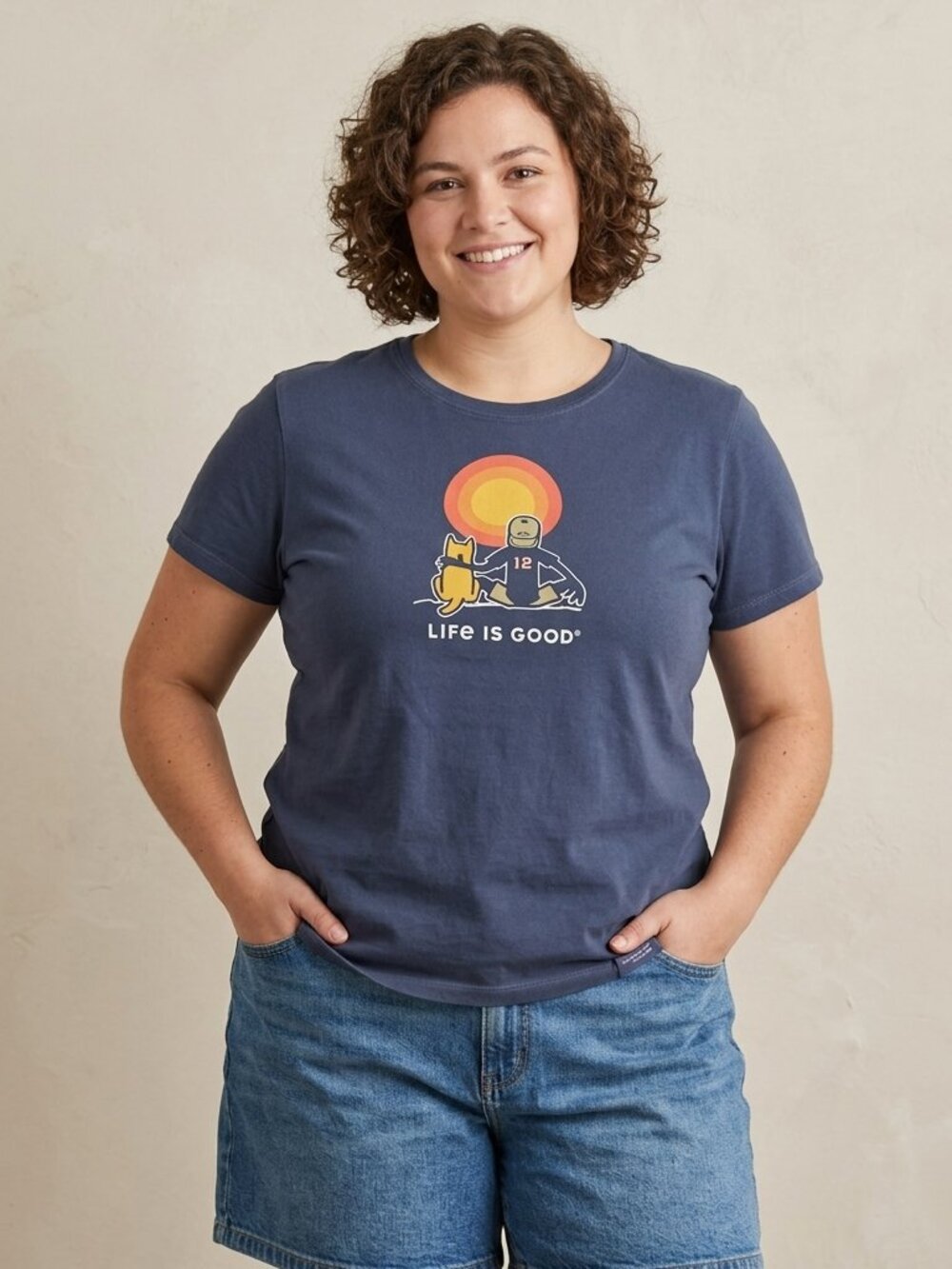 Life is Good Women's XXL Darkest Blue Sunset Buddies Jake & Rocket Crusher Tee